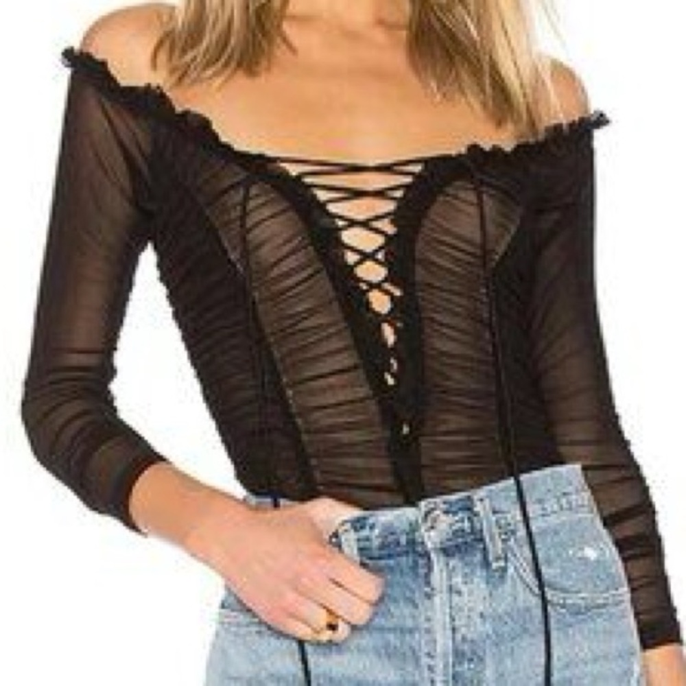 Mesh. Black Off-Shoulder Lace-Up Top